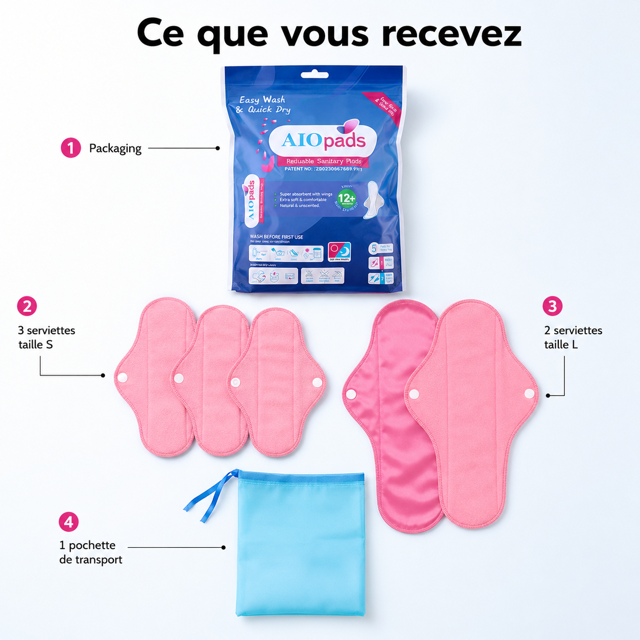 Pack de 5 serviettes lavables Anti-fuites et sans irritations