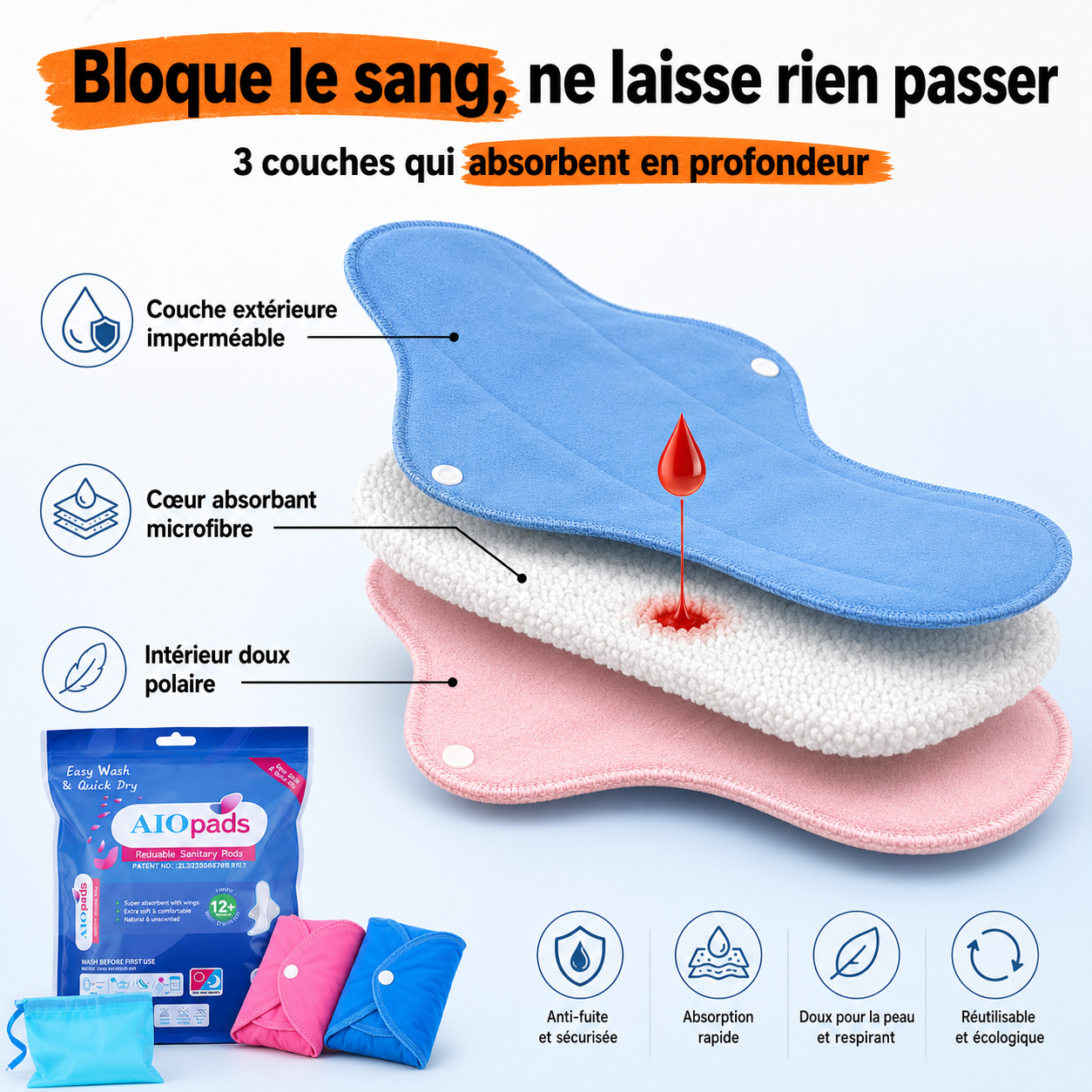 Pack de 5 serviettes lavables Anti-fuites et sans irritations