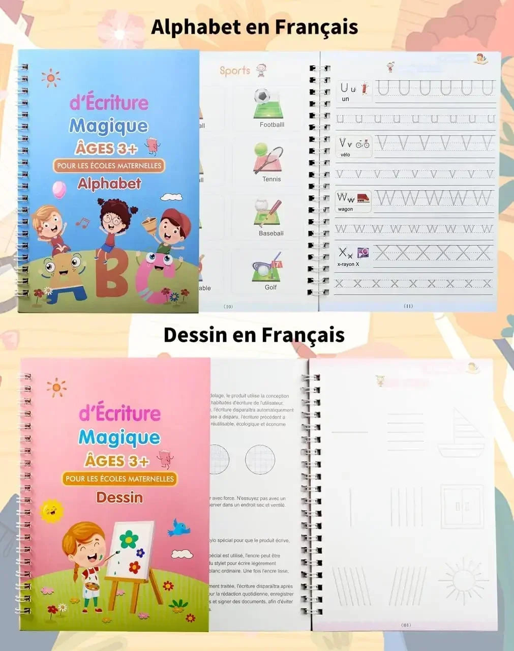 4 carnets d'apprentissage réutilisable pour enfants